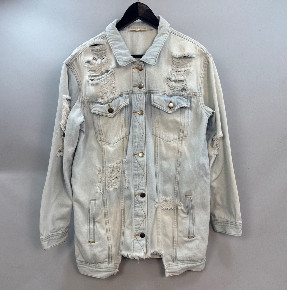 Hot & Delicious Distressed Denim Jacket Light Wash Ripped Oversized Trucker M